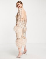 Thumbnail for your product : ASOS Curve ASOS DESIGN Curve long sleeve embellished midi dress with faux feather trims in blush