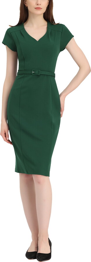 Unique Bargains Women’s Bodycon V Neck High Waist Cap Sleeve Sheath Dress M Dark Green