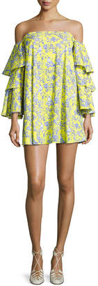 Caroline Constas Carmen Tiered Ruffle Sleeve Mini Dress, Yellow Pattern