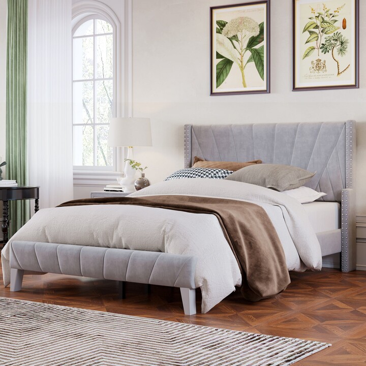 Contemporary Velvet Upholstered Bed Frame with Channel Tufting and