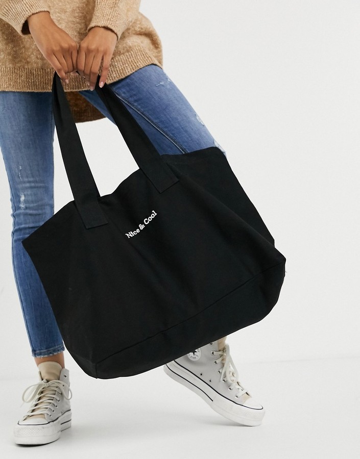 ASOS DESIGN canvas tote bag in black with 'nice & cool' embroidery -  ShopStyle