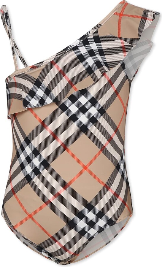 Burberry Beige Swimsuit For Girl With Iconic Vintage Check