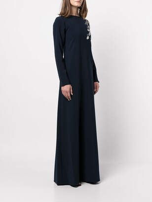 Marchesa Notte Floral-Embroidered Longsleeve Draped Dress