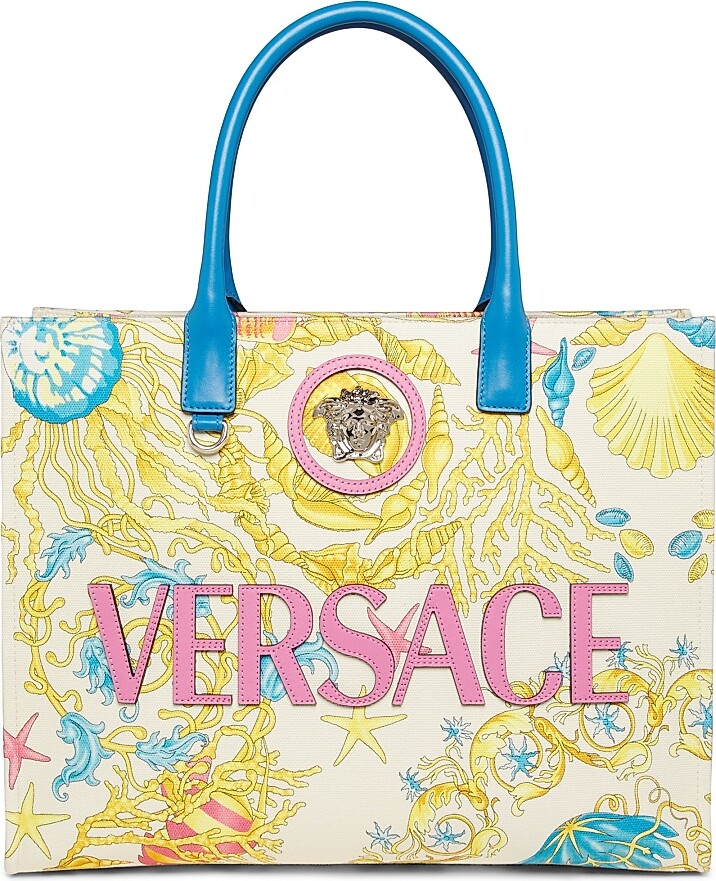 Women's Logo Cotton & Leather Tote Bag - Eggshell Guava Multi