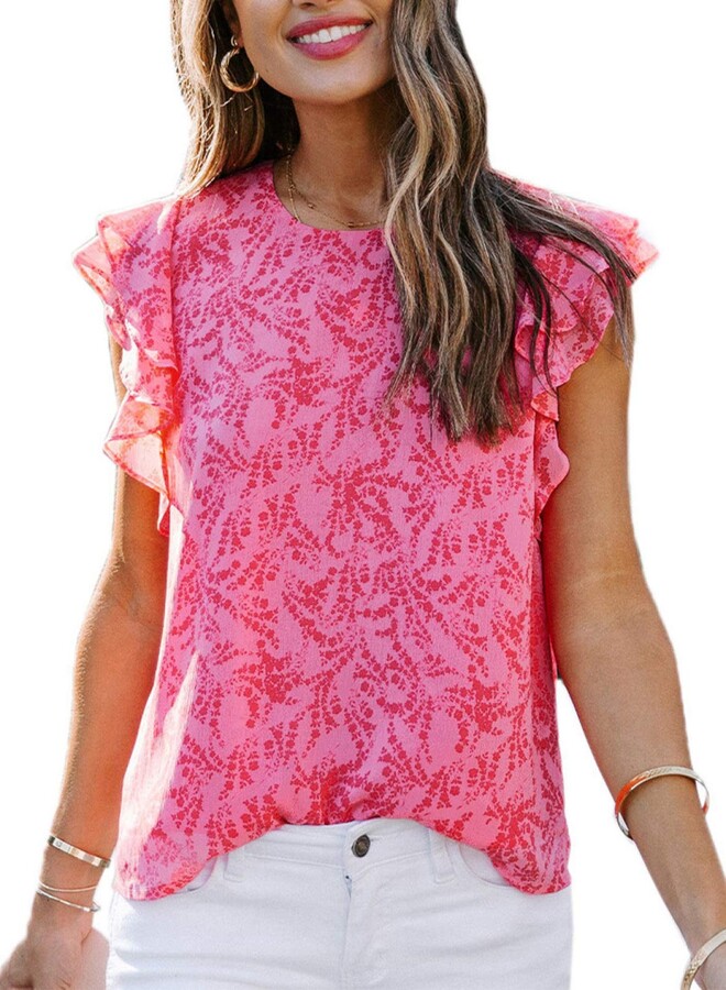 売れ筋商品|||ラッキーブランド カットソー トップス レディース Women's Chiffon V-Neck Tiered Ruffle Top Pink Floral Pink Floral Top for Women Ruffle Flared Sleeve Spring Summer