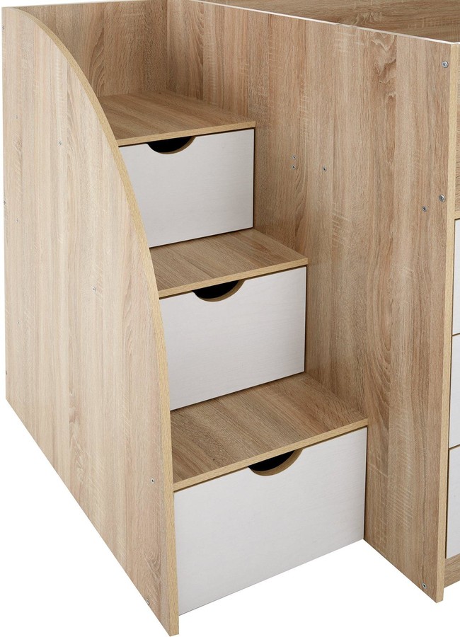 Mico Mid Sleeper Bed with PullOut Desk andStorage Oak Effect/White