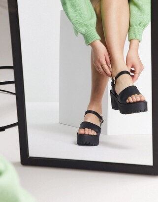 New Look leather look platform heeled sandals in black - ShopStyle