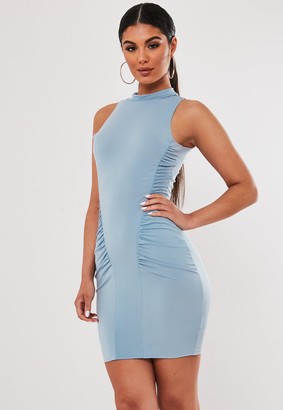 Missguided Blue High Neck Ruched Sleeveless Mini Dress