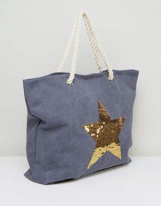 South Beach Washed Blue Beach Bag With Gold Star
