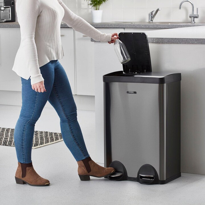 Cooks Professional Kitchen Rubbish Recycling Pedal Bin 60L 2 Waste