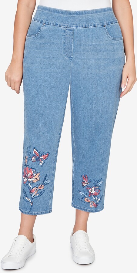 Alfred Dunner Plus Size Austin Butterfly Floral Printed Super Stretch Denim Ankle Pants