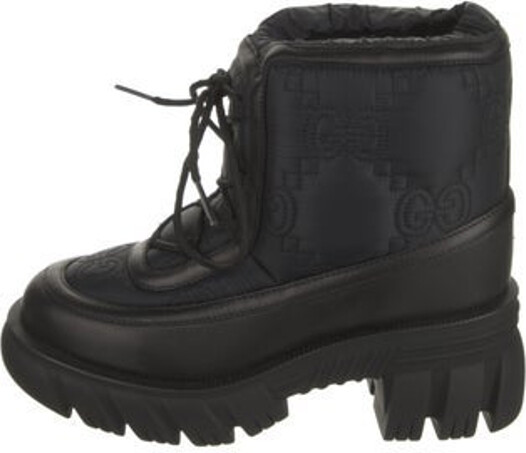 Gucci Nylon Ankle Combat Boots Black GG Nylon & Jumbo GG Leather Trim Round-Toes with Leather Trim Embellishment Platform Lace-Up Closure at Uppers Includes Box & Dust Bag