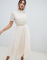 asos design midi dress with pinny bodice in 3d floral embellishment