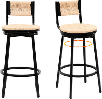 Dakota Fields 2pcs Creamy White  Metal Frame Swivel Chairs Hand Woven Paper Rope Seat Ergonomic & Breathable 360° Rotation For Dining Counter Bar Stools Of 2