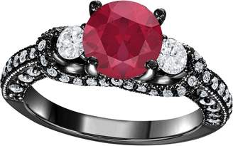 Factory Silver Gems 2.0 Carat Round Cut Red Ruby & White CZ Diamond Halo Split Shank 14K Black Gold Finish Engagement Ring Bridal Size 4-11
