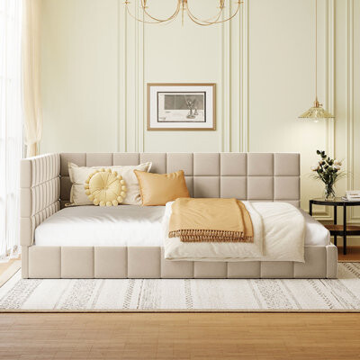 Mercer41 Beige Daybed/ Bed Upholstered Full Size - Modern Classic Style, Enhances Bedroom, With Slats Velvet Elegance, Fits Bedroom , Support