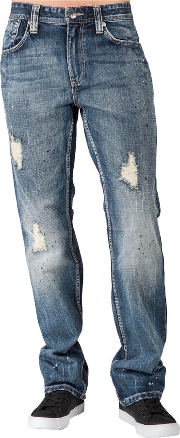 Level 7 Men's Slim Straight Destroyed Sanding Whiskering Premium Jeans