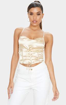 PrettyLittleThing Champagne Satin Cowl Neck Corset Lace Up Cami