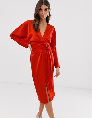 ASOS DESIGN midi dress with batwing sleeve and wrap waist in satin -  ShopStyle