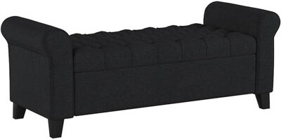 Elegant Dark Gray Fabric Storage Bench With Button Attractive Feature And Rolled Arms Versatile Touch