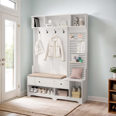 Multi-purpose Hallway Hall Tree with Removable Linen Cushioned Entryway Bench, Coat Rack, Storage Shelves, and DIY Pegboard,for Hallways, Living Room,