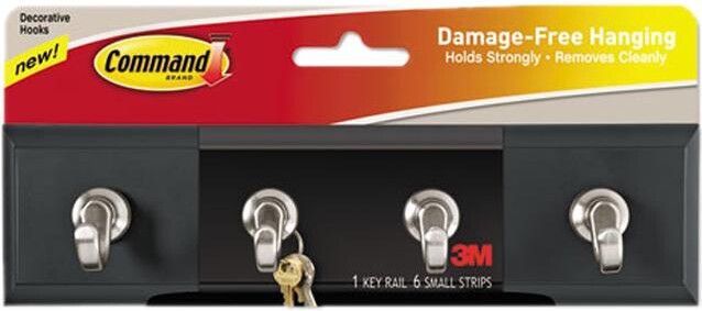 Command HOM18S - Decorative Key Rail, 8w x 1 1/2d x 2 1/8h, Black/Silver, 4 Hooks/Pack