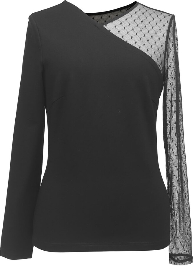 Smart and Joy Asymmetric Milano And Tulle Top - Black