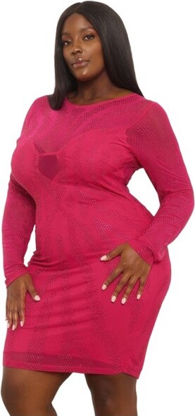 SlickblueAnimalPrintRhinestoneMeshPlusSizeMiniDress,SheerSleeves,ZipperBack,Magenta,Size2XL