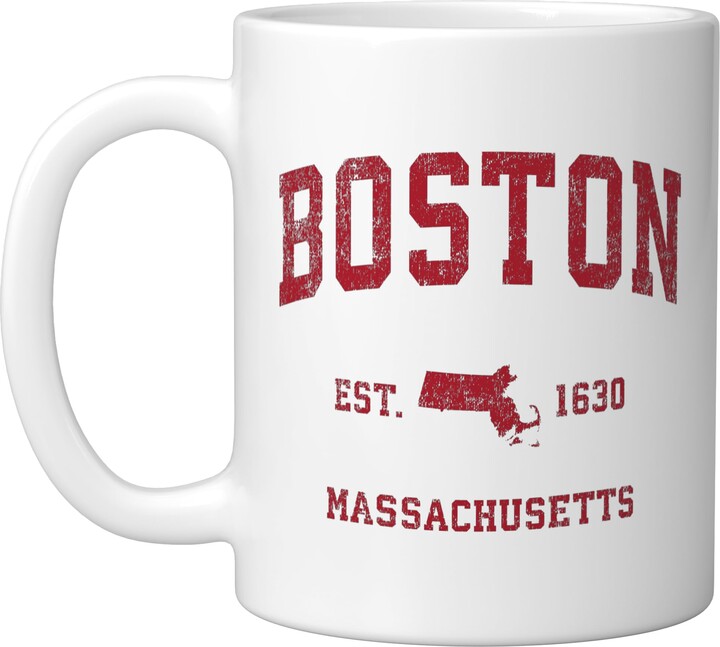 Boston Massachusetts MA Retro T-Shirts & Gifts Boston Massachusetts MA Vintage Sports Design Red Print Ceramic Mug, White