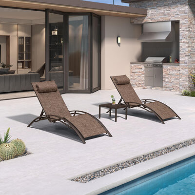 Latitude Run Outdoor Chaise Lounge Chair Set of 3 Patio Pool Lounger Bronze Aluminum Chairs with Side Table Adjustable Tanning Recliner for Outside Backyard Yard