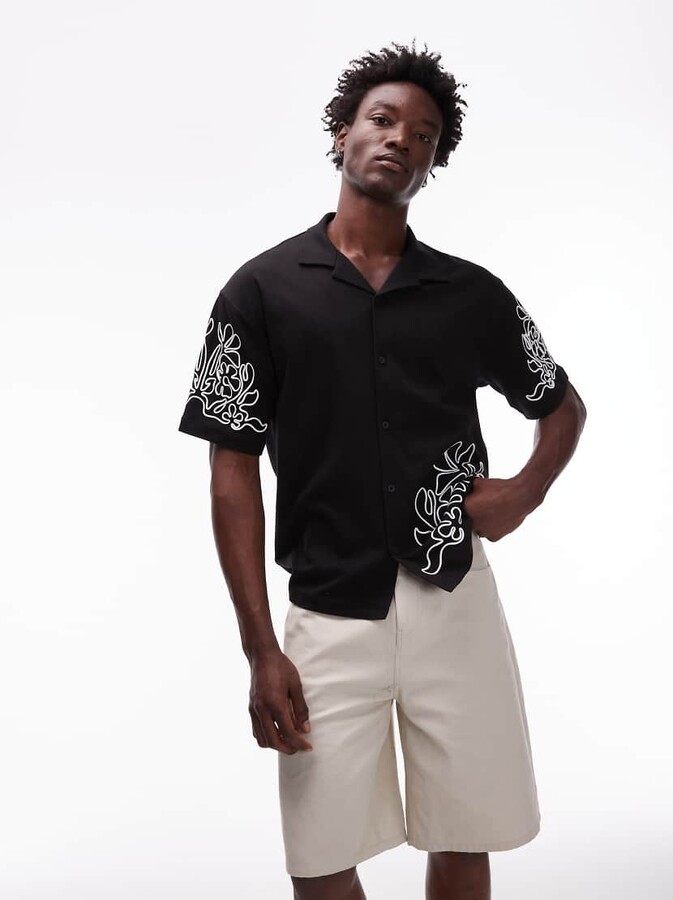 Topman premium oversized fit button up jersey shirt with cord embroidery in black
