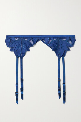 Fleur Du Mal Lily Embroidered Satin And Stretch-tulle Suspender Belt - Blue