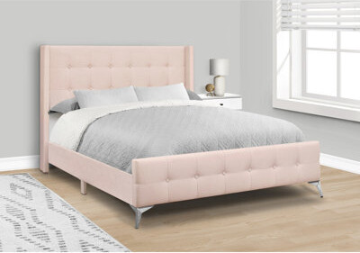 Mercer41 Bed Queen Size Bedroom Upholstered Pink Velvet Chrome Metal Legs