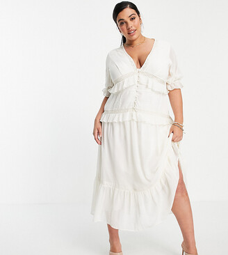 ASOS Curve DESIGN Curve button through lace insert tiered midi dress in ivory
