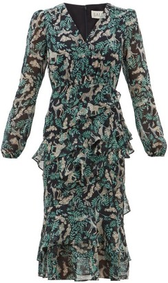 Saloni Alya Tiered Jungle-print Silk-georgette Dress - Black Multi