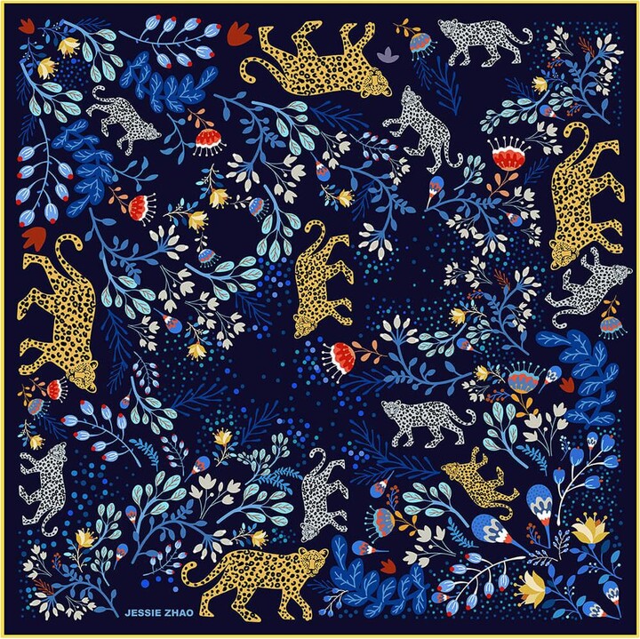 Jessie Zhao New York Double Sided Silk Scarf Of Amazon Rainforest Journey in Blue