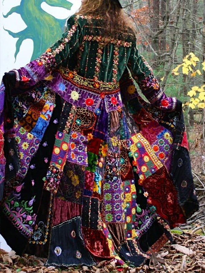 QINGSHUJI Women Velvet Dress Floral Printed Pleated Dress Turn Down Collar American Retro Casual Long Sleeve Patchwork Outerwear Dress
