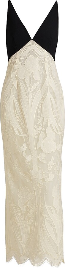 Women's Pieced Crepe & Lace Maxi Dress - Black Ivory - Size 0
