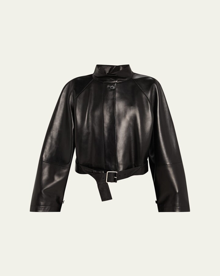 Loewe High-Neck Leather Belted Crop Trench Jacket