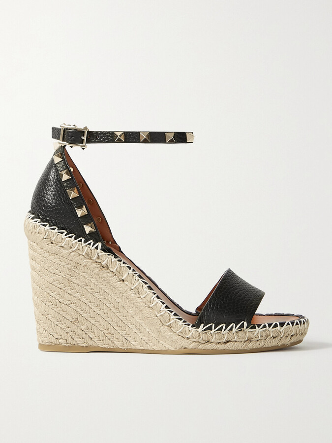 Valentino Garavani Rockstud 105 Textured-leather Espadrille Wedge Sandals - Black