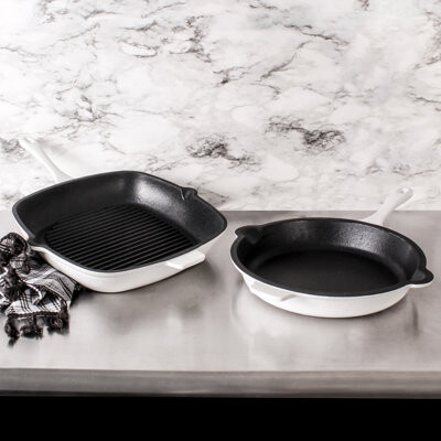 Berghoff Neo 2 Piece Cast Iron Set, 10" Fry Pan and 11" Grill Pan, White