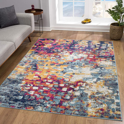 17 Stories Abstract Machine Woven Polypropylene Area Rug in Gray/Yellow/Pink