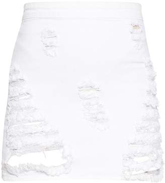 PrettyLittleThing Petite White Distressed Denim Mini Skirt
