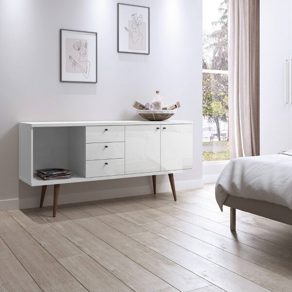 Manhattan Comfort UtopiaWideDresserWhite/Cream-ManhattanComfort:3Drawers2ConcealedShelvesBedroomStorage
