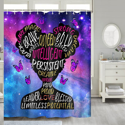 East Urban Home AfroStar Inspiration: Black Girl Butterfly Shower Curtain, 70x70IN - Teen & Woman Bathroom Decor with Starry Sky Space Theme