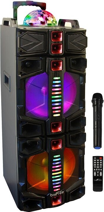 beFree Sound Dual 12-Inch Subwoofer Portable Bluetooth Party Speaker with LED Lights & Wireless Microphone