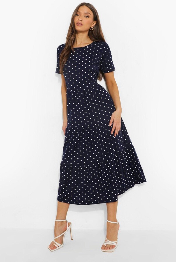 navy and white polka dot midi dress