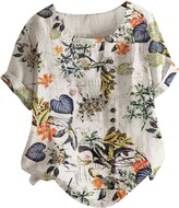 Thumbnail for your product : Della Blouses for Women Elegant Summer Short Sleeve Blouses Size 14 Fashion Soild Color Cotton Linen Tunic Flower Printed T Shirts for Women Personalised Chiffon Blouses for Women Uk Pullover Tee