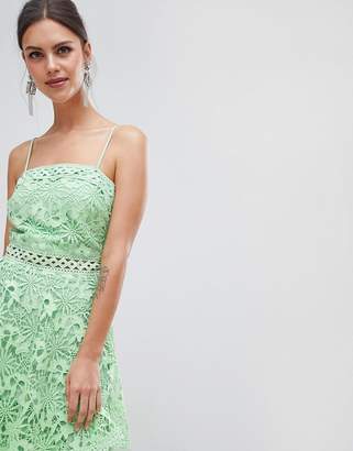 True Decadence Square Neck Cami Strap Midi Lace Dress With Ruffle Layered Skirt