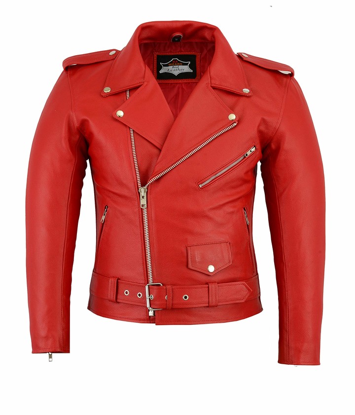 KA Wears Mens Red Leather Brando Jacket Biker Classic Motorbike ...